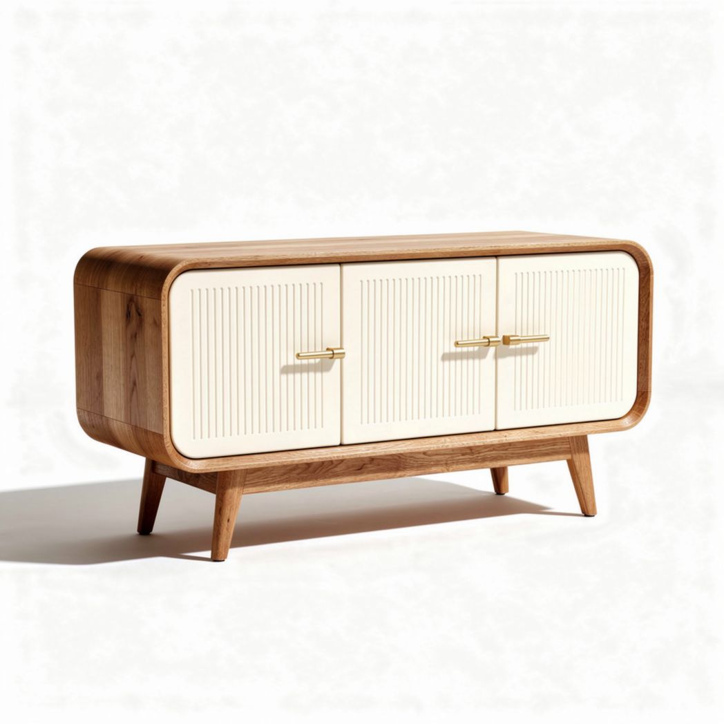 Wooden storage cabinet with three doors and gold handles in cream and natural wood finish 120 x 40 x 60cm