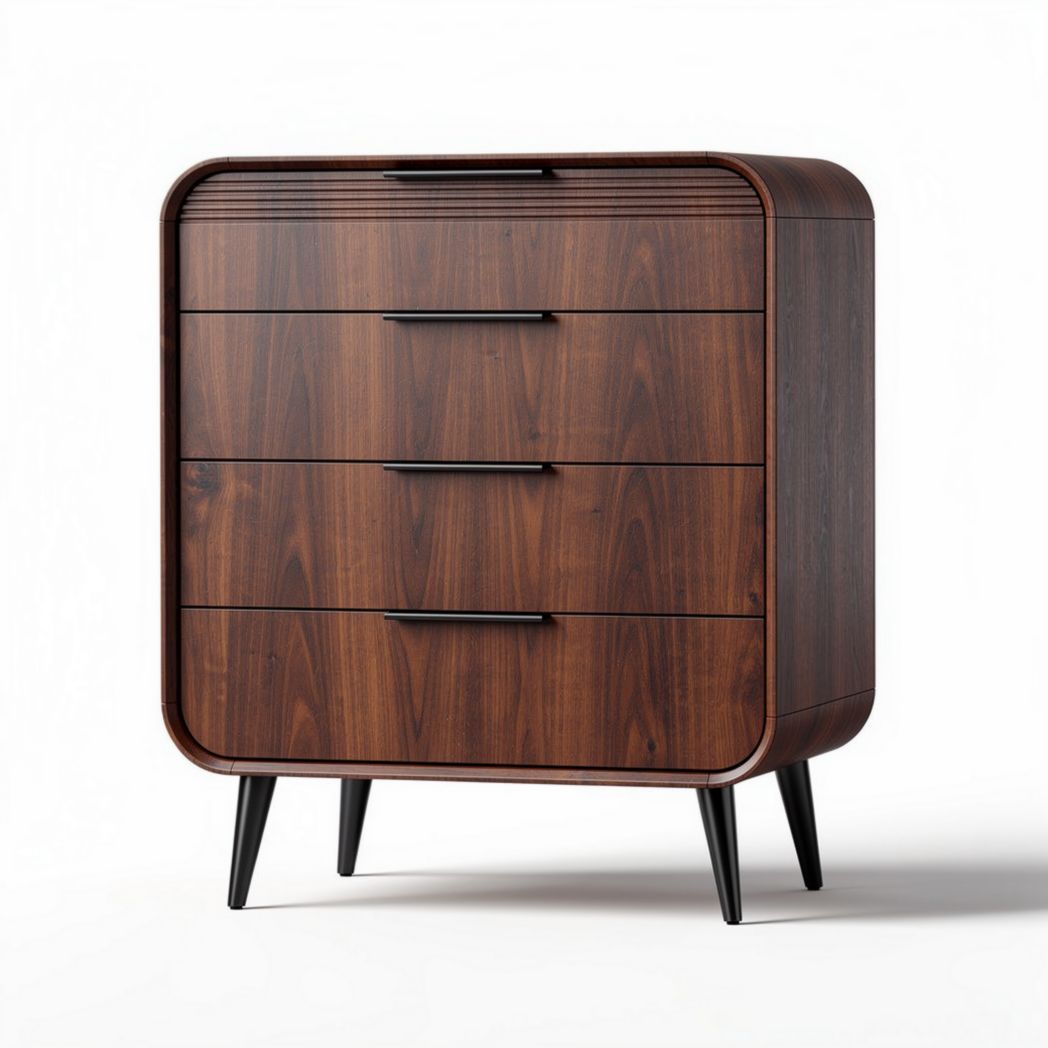 Oak wood four-drawer chest with tapered legs for bedroom storage 40 x 30 x 80cm