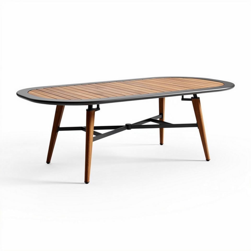 Wooden outdoor dining table with steel frame and oval shape 190 x 90 x 75cm