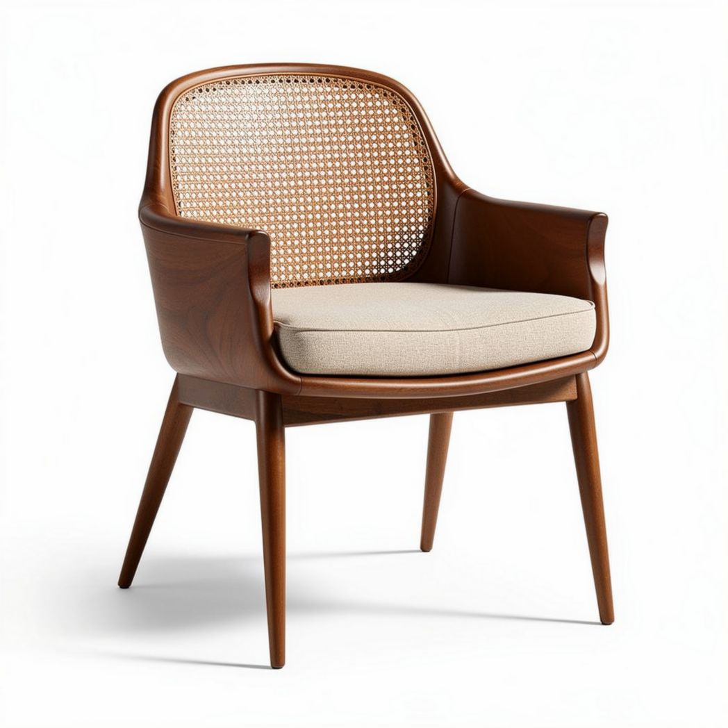 Wooden armchair with rattan backrest and beige cushion 70 x 65 x 75cm