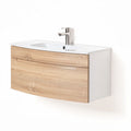 Wall-mounted bathroom vanity with white ceramic sink and wood finish 80 x 45 x 20cm
