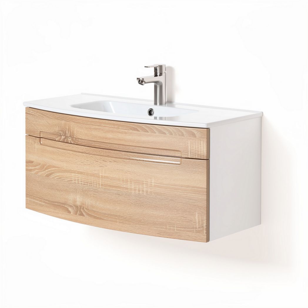 Wall-mounted bathroom vanity with white ceramic sink and wood finish 80 x 45 x 20cm