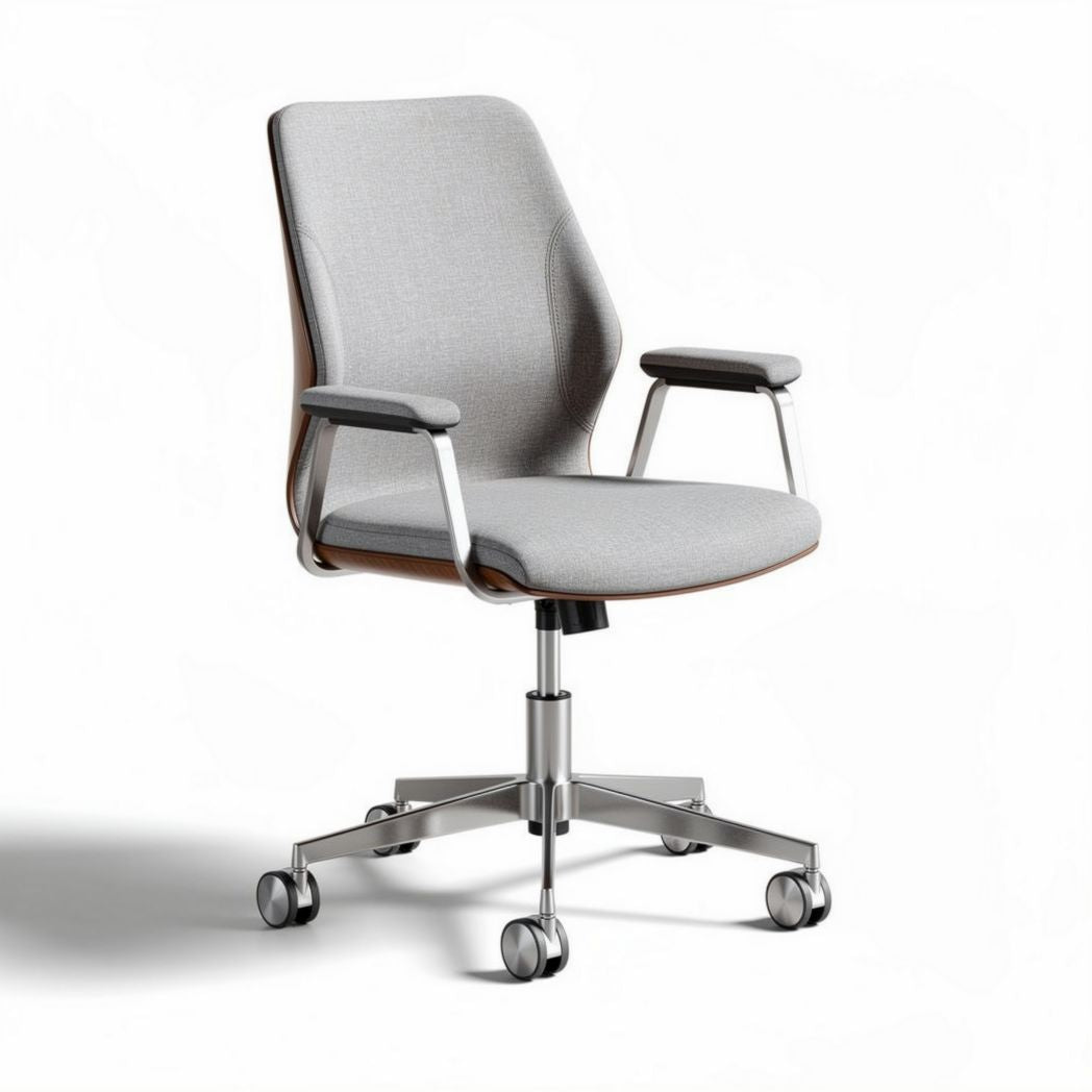 White leather office chair with wooden base and adjustable height 60 x 60 x 85cm