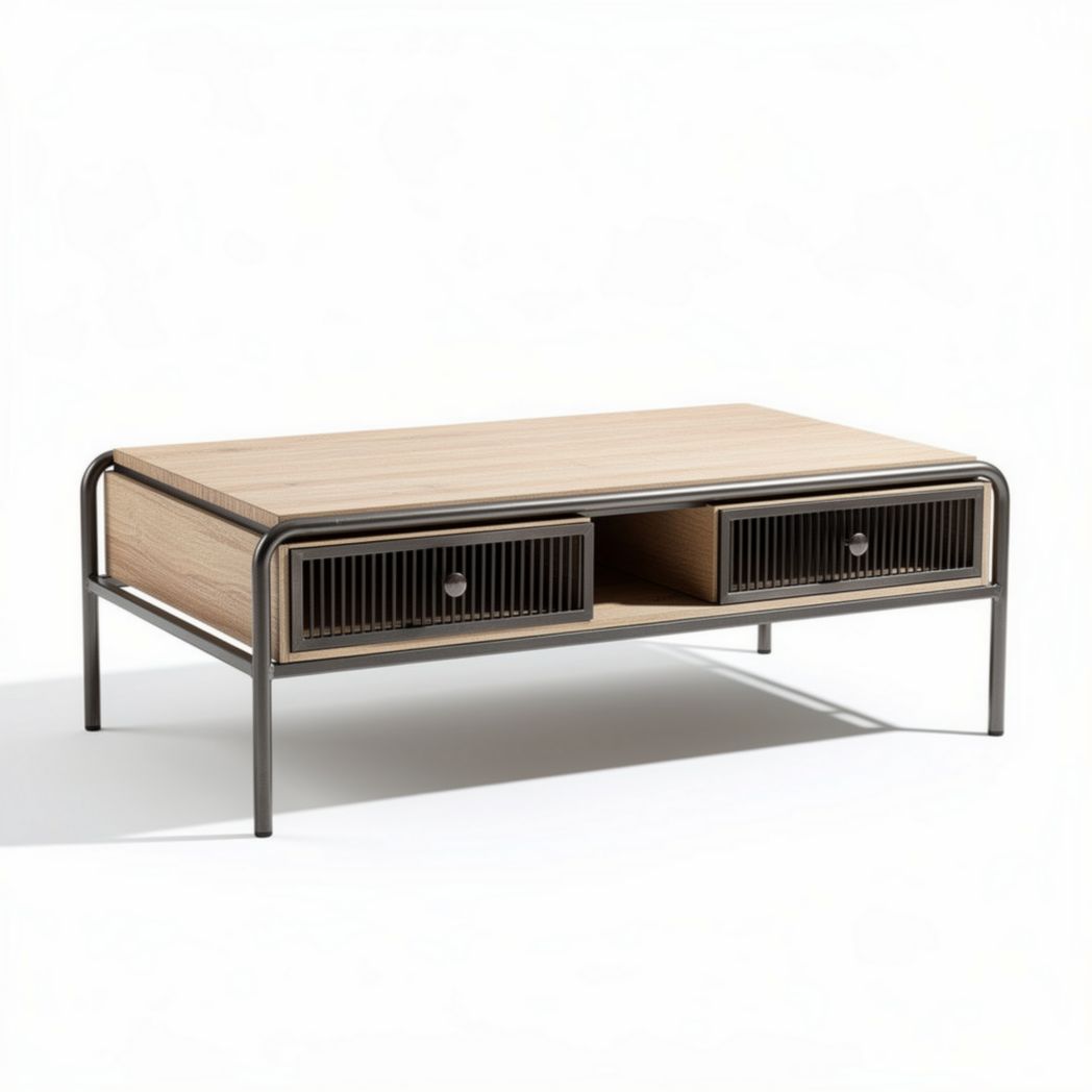 Wood and metal coffee table with two storage drawers 120 x 60 x 40cm